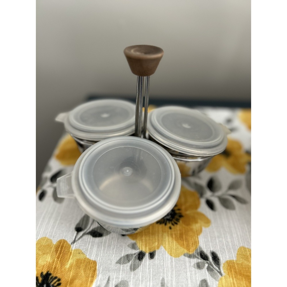 Mid Century Condiment‎ Server 3 Stainless Bowls w/ lid Wood Handle vintage retro